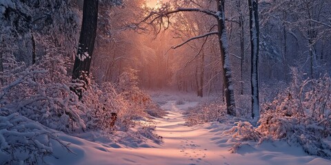 Poster - Serene evening ambiance in a winter forest, showcasing the tranquility and beauty of the winter forest, where nature s stillness creates a captivating winter forest scene.