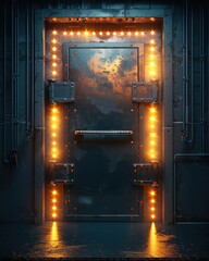 Poster - An isolated metal vault with bright light glowing through half opened door on dark background.
