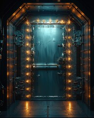 Poster - An isolated metal vault with bright light glowing through half opened door on dark background.