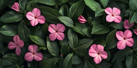 Aufkleber - Morning beauty of pink Vinca flowers contrasted with lush green leaves, showcasing the vibrant colors and delicate textures of pink Vinca in a serene natural setting.