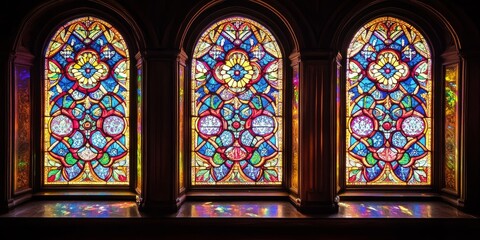 Poster - stained glass windows featuring intricate designs showcase the beauty and craftsmanship of a medieval castle from the 14th century, highlighting the exquisite stained glass artistry.