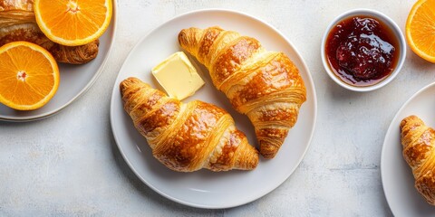 Poster - Delightful fresh sweet croissants accompanied by butter and orange jam create a perfect breakfast. This continental breakfast is beautifully presented on a white table in a top view flat lay.