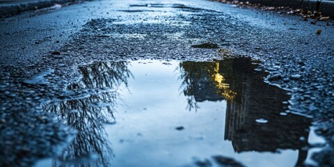 Aufkleber - Images of puddles on the road create a serene atmosphere, showcasing the beauty found in puddles on the road after rain, capturing reflections and textures in remarkable detail.
