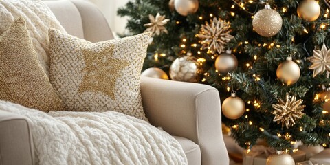 Poster - A close up of a lush Christmas tree features glittering gold ornaments, twinkling stars, and warm fairy lights. The scene includes a cozy beige armchair and a soft throw blanket, enhancing the