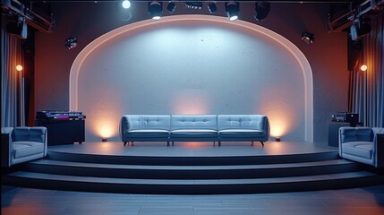 Aufkleber - An elevated small stage with an open, half circle sofa with a DJ table ahead.