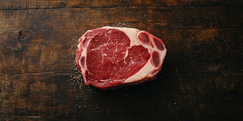 Aufkleber - Ribeye steak displayed on a dark wooden surface, featuring raw meat seasoning. This top view captures the essence of ribeye steak preparation, showcasing its appeal and quality.