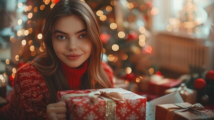 A woman wrapping Christmas gifts at home, wearing a festive red sweater with small patterns. She is working at a table with wrapping paper, scissors, and ribbon scattered around.