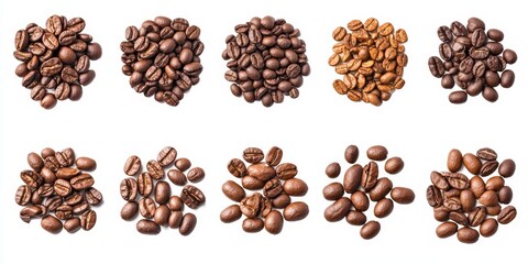 Poster - Collection of brown coffee beans displayed on a white background, showcasing the rich texture and color of brown coffee beans for coffee enthusiasts and culinary uses.
