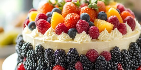 Poster - Close up of a beautifully decorated fruit white cake, showcasing the delightful texture and vibrant colors of the fruit, perfect for celebrations and special occasions centered around fruit white