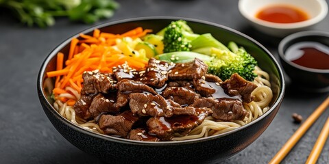 Poster - Delicious beef teriyaki bowl featuring tender beef, flavorful teriyaki sauce, served over a bed of noodles and accompanied by fresh vegetables, perfect for a satisfying meal.