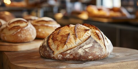 Aufkleber - Sourdough bread displayed prominently, featuring a freshly baked round loaf with a golden crust. This image captures the essence of sourdough bread in a rustic bakery setting.