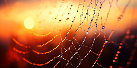 Golden Morning Light on a Dewy Spider Web