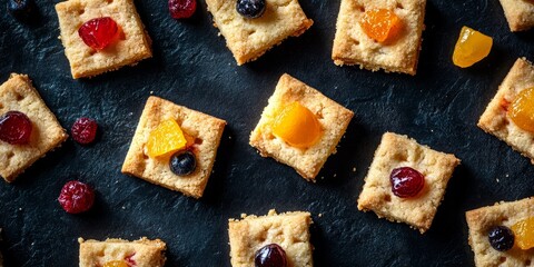 Aufkleber - Shortbread cookies featuring candied fruits arranged elegantly on a dark backdrop, highlighting the delightful texture and flavors of the shortbread cookies combined with the sweetness of candied