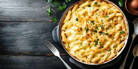 Poster - Creamy Tuna Casserole featuring Tuna Mornay with penne pasta bake presented in a baking dish on a dark wooden table, complete with fork and spoon, captured in a horizontal flat lay view.
