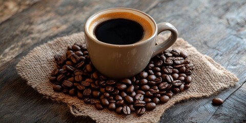 Aufkleber - Heart shaped arrangement of coffee beans surrounding a mug of freshly brewed coffee, showcasing the warmth and love for coffee in this delightful composition of coffee beans and coffee.