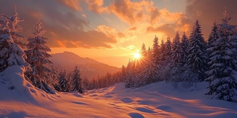 Poster - Winter sunset casts a warm glow over the snowy pine forest, creating a serene landscape where the winter sunset highlights the beauty of the snow covered pines.