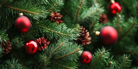 Poster - Close up of a green pine tree adorned with festive Christmas ornaments, showcasing the beauty of the green pine tree and its vibrant decorations for the holiday season.