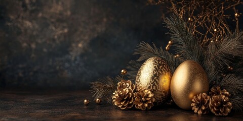 Poster - Easter decoration featuring golden eggs set against a dark background creates a stunning visual display. This Easter decoration highlights the elegance of golden eggs in a captivating setting.
