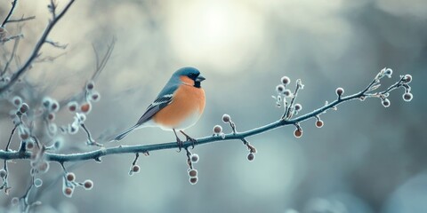 Aufkleber - Eurasian bullfinch pyrrhula pyrrhula, female perches on a branch of a wild apple tree, showcasing its beauty in the serene winter forest park during the early morning light.