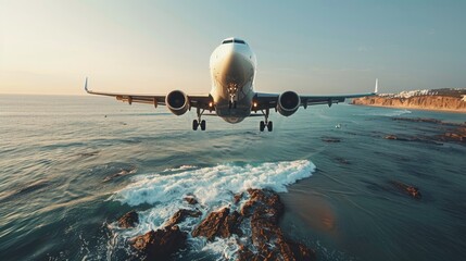 Poster - An airplane flying over a generic coastal resort with sandy beaches and ocean waves.