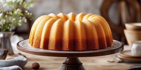 Poster - Freshly baked vanilla bundt cake displayed on a cake stand, showcasing its golden color and inviting texture, perfect for a delightful dessert experience featuring vanilla bundt cake.