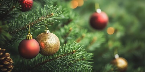 Poster - Close up of a green pine tree adorned with festive Christmas ornaments, showcasing the beauty of the green pine tree and its vibrant decorations for the holiday season.