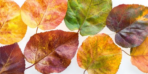 Poster - Close up of autumn leaves on a clean white background, showcasing the beauty of autumn leaves illuminated by soft sun rays, highlighting the vibrant colors of autumn leaves in detail.