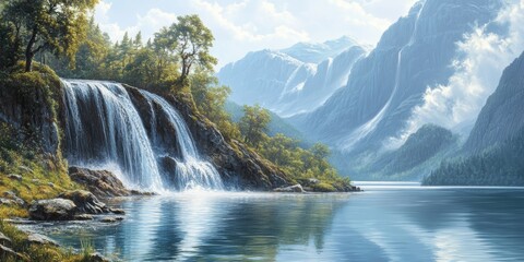 Poster - Waterfall cascading beautifully into a serene lake, showcasing the stunning charm of waterfall landscapes and nature s artistry, perfect for those who admire majestic waterfall scenes.
