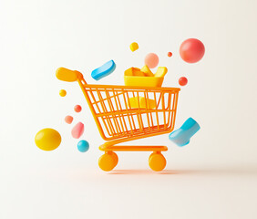 Wall Mural - 3D icon of a shopping cart, in an orange color