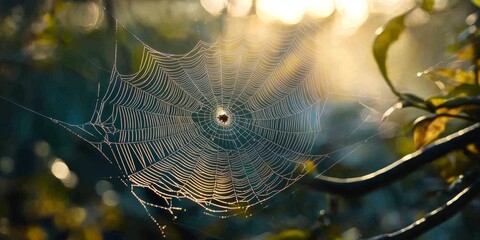 Leinwandbilder - A mesmerizing spider web captured in reflection showcases intricate details and delicate patterns of nature, drawing attention to the beauty of a spider web in its natural setting.