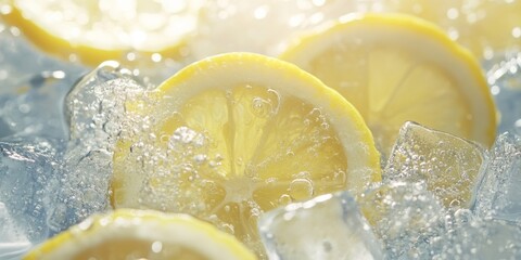 Poster - Refreshing lemon and ice cubes perfectly complement the crispness of soda water, creating a delightful beverage highlighting the vibrant flavor of lemon and the chill of ice cubes.