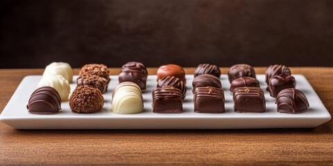 Aufkleber - Variety of chocolates displayed on a white tray, set against a rich brown background, showcasing the delightful assortment and appealing textures of chocolates.