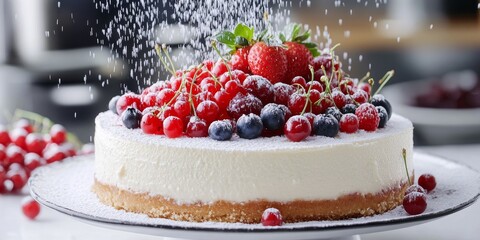 Poster - Icing sugar gently falls over a delightful cheesecake topped with fresh fruit. This cheesecake decoration features berries, strawberries, cherries, blueberries, and red currants for a sweet touch.