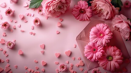 Poster - Various Valentine's Day backgrounds. A pastel pink background with pink flowers, an envelope, and hearts. Concept for Valentine's Day. Flat lay, top view, copy space.
