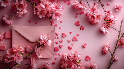Poster - Various Valentine's Day backgrounds. A pastel pink background with pink flowers, an envelope, and hearts. Concept for Valentine's Day. Flat lay, top view, copy space.