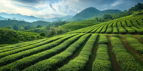 Poster - Tea plantation field showcasing lush greenery and orderly rows of tea plants, highlighting the serene beauty of a tea plantation field ripe for harvest and cultivation.