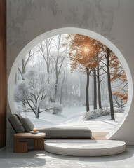 Poster - Minimalist style, a simple and elegant space background wall design with circular arches. A minimalist landscape painting of trees on the ground in winter is displayed inside an arched circle.