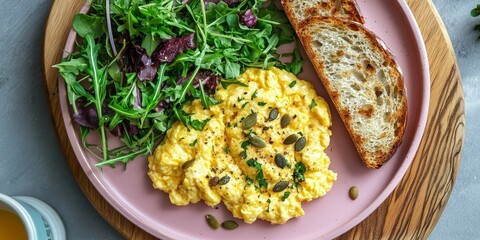 Poster - Scrambled eggs paired with two roasted slices of bread topped with pumpkin seeds and a fresh green salad. This appealing presentation features scrambled eggs on a pink plate and wooden board.