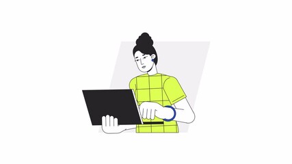Poster - Professional woman typing laptop cartoon animation. Lady using gadget 4K video motion graphic. Freelance. Female task manager clicking keyboard animated 2D character isolated on white background