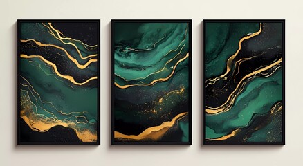 Leinwandbilder - Abstract art paintings with an emerald green, black, and gold color palette, on textured paper, in three vertical rectangular frames. 