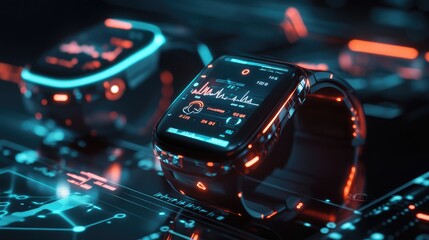Poster - Smart wearable devices connected to an AI system tracking health and fitness metrics Conceptual visualization of technology integrating with life