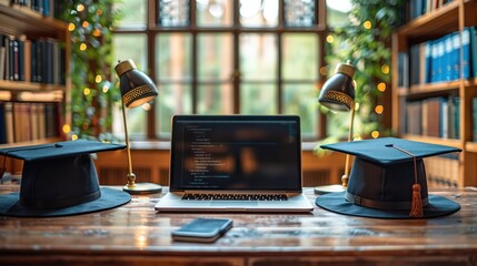 Poster - A laptop on a desk with two academic hats on either side of it.