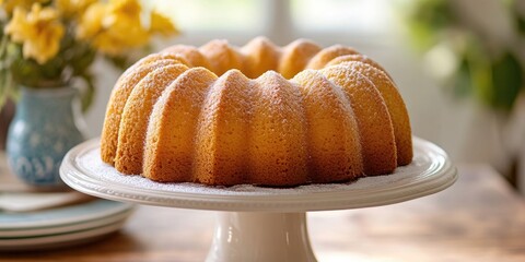 Poster - Freshly baked vanilla bundt cake displayed on a cake stand, showcasing its golden color and inviting texture, perfect for a delightful dessert experience featuring vanilla bundt cake.