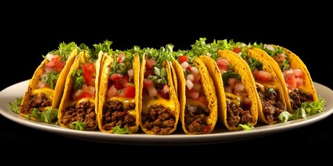 Aufkleber - Delicious Mexican food featuring hard shell tacos filled with flavorful beef, melted cheese, fresh lettuce, and ripe tomatoes, a perfect representation of traditional Mexican food delights.