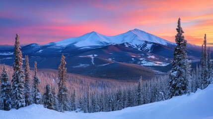 Poster - Snow-covered mountain range at sunset with vibrant colors in the sky