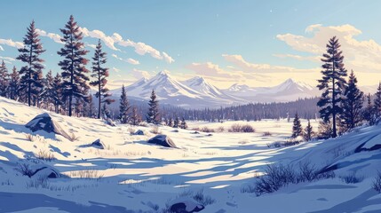 Poster - Snowy tundra with scattered pine trees and distant mountains