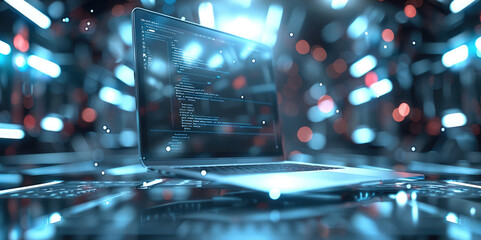 Poster - A silver-gray laptop floating around is surrounded by holographic projection of science fiction technology.