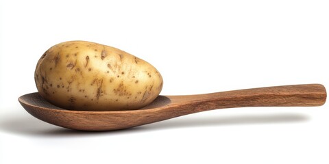 Aufkleber - Potato resting on a wooden spoon, isolated against a white backdrop, showcases the texture and natural color of the potato, making it a perfect subject for food related compositions.