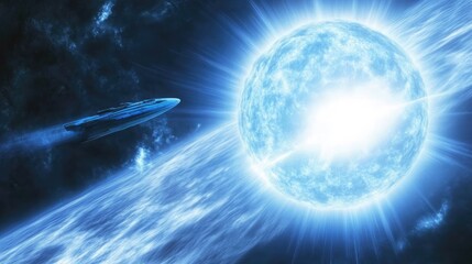 Poster - Spaceship passing close to a blue dwarf star, with intense light reflecting off its hull