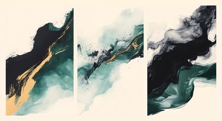 Leinwandbilder - Abstract art paintings with an emerald green, black, and gold color palette, on textured paper, in three vertical rectangular frames. 